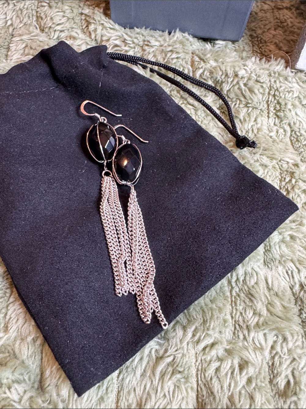 Black Faceted Bead Drop Earrings with Silver Chain Tassels